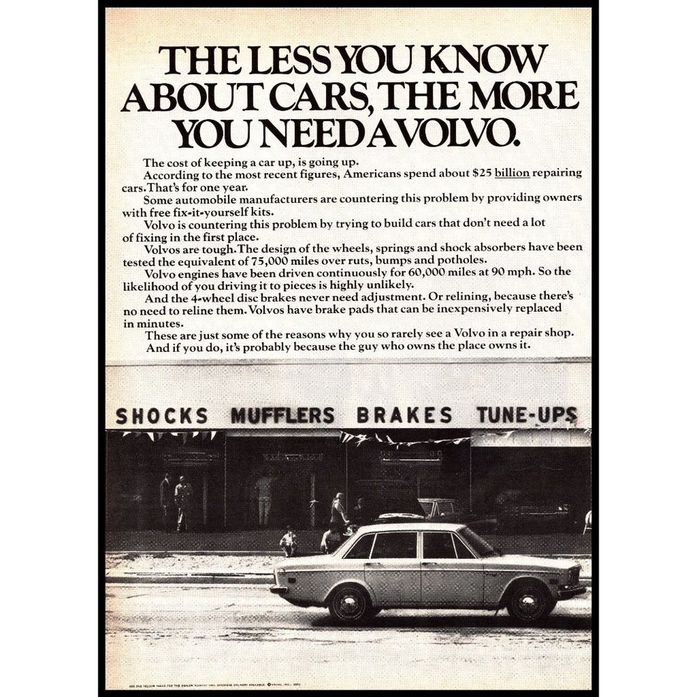 1971 Volvo Sedan Vintage Print Ad Muffler Shop Car Repairs Maintenance Wall Art